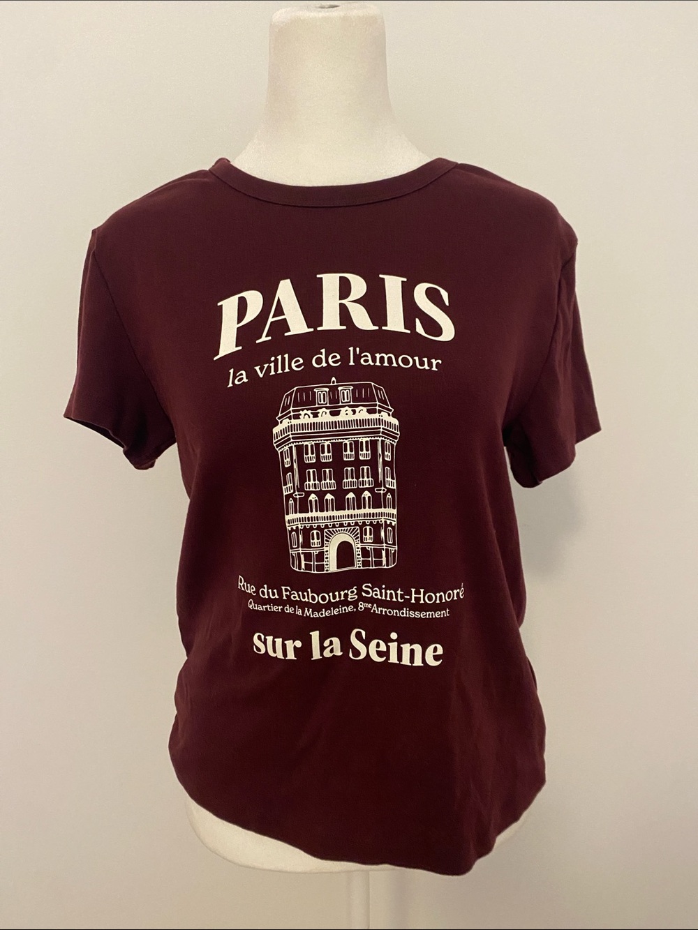 H&M Burgundy Paris Graphic Tee with White Print